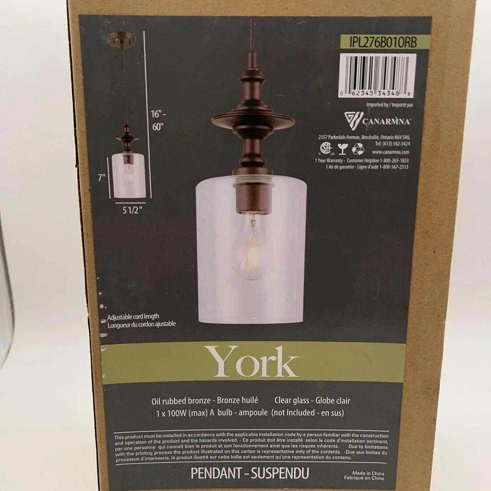 Canarm York Oil Rubbed Bronze Clear Glass Pendant‎ Light Fixture IPL276B010RB